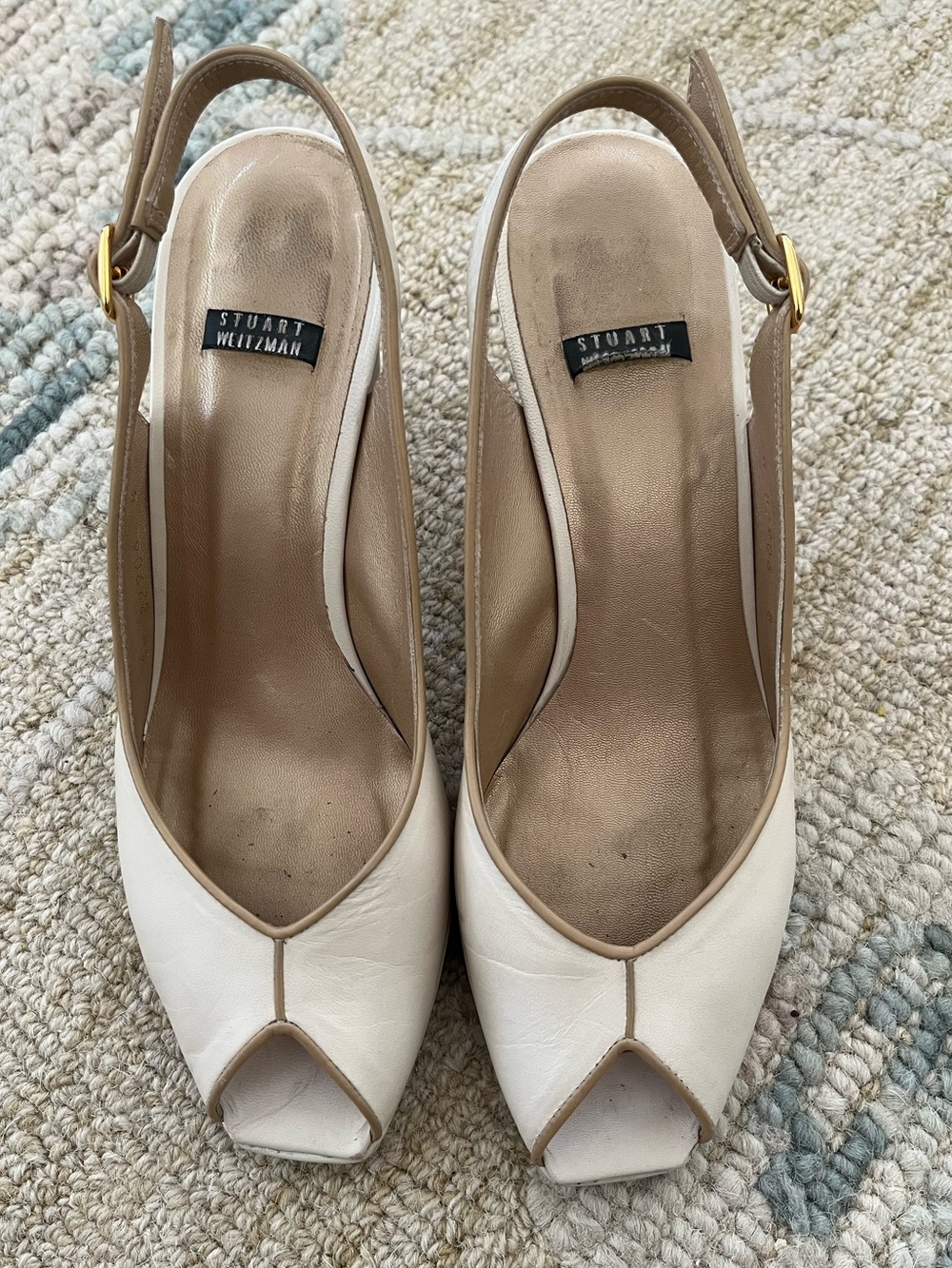 Vintage Stewart Weitzman bone kid peep toe sling back pumps. Size 8